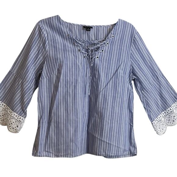 A.N.A. Lace Up Tunic Women's Size M Blue White Striped Hippie Lace Trim Cotton - Picture 5 of 7